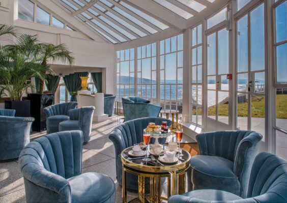 The Palm court at Burgh Island with a sea view