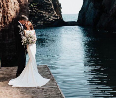 Burgh Island wedding with man and woman smiling