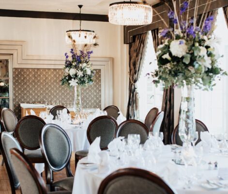 Burgh Island wedding table laid with flower arrangements