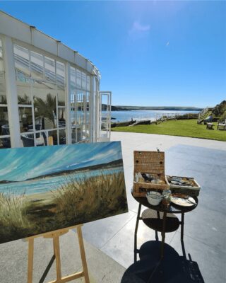 Painting at Burgh Island with glass bar and sea in background