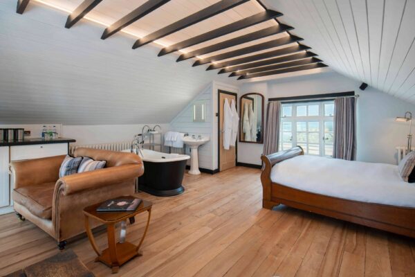 Burgh Island bedroom with bath and sea view