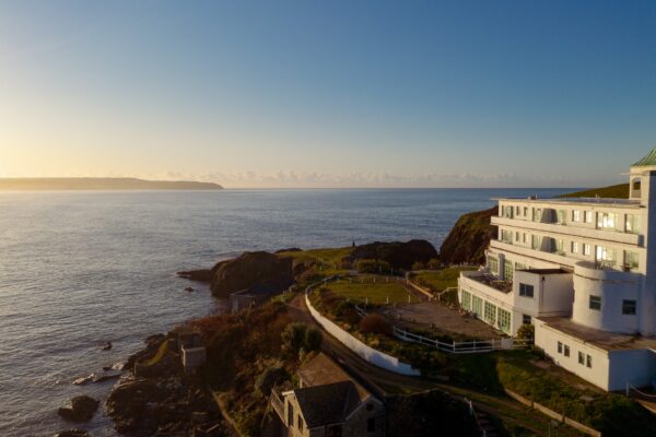 side of Burgh Island Hotel overlooking sea